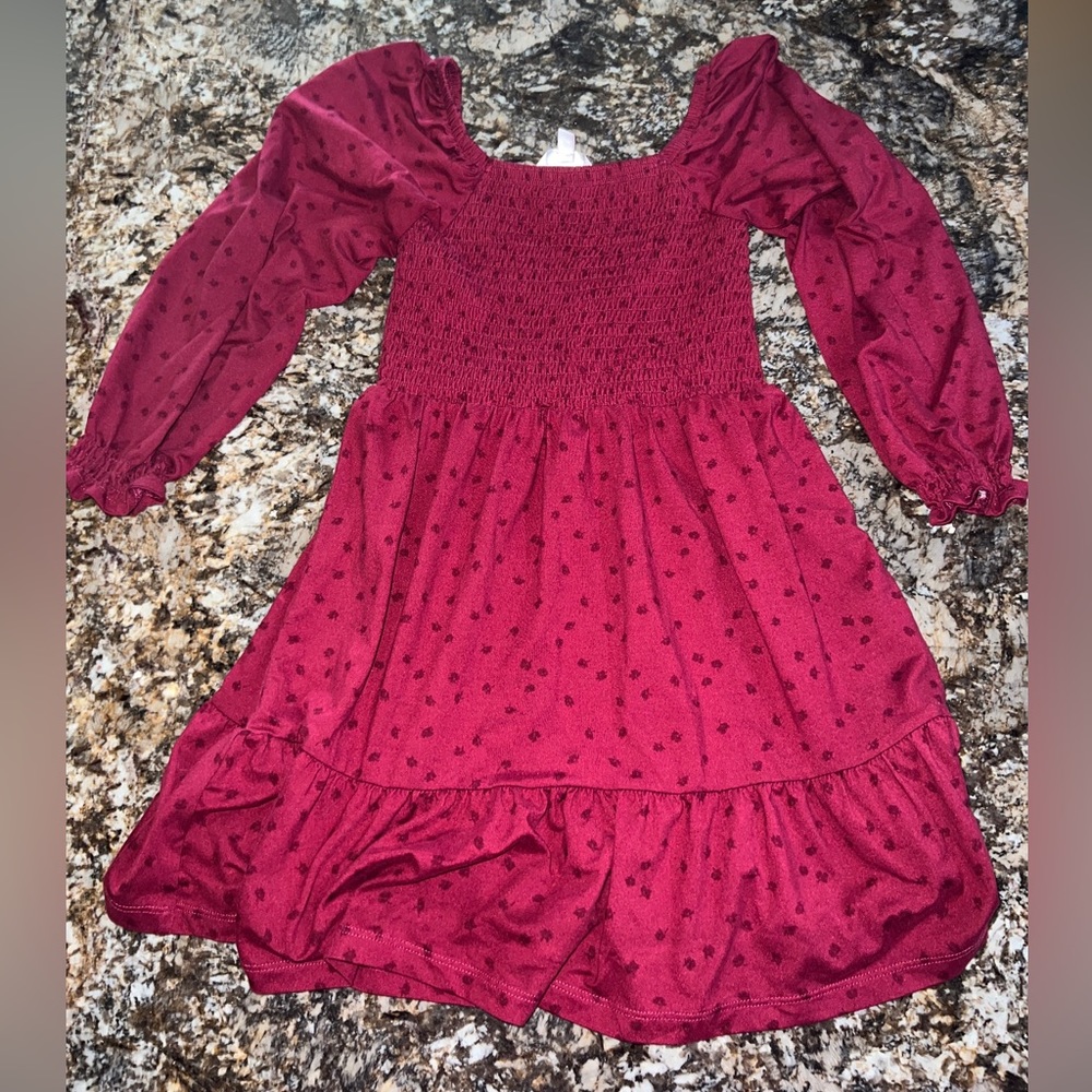 Bailey Lane Girls S (6-7) 3/4 Bell Sleeve Maroon Dress Round Neck Gathered Waist